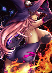 Rule 34 | 1girl, absurdres, arched back, armpits, ass, bare shoulders, black sclera, blazblue, blazblue: central fiction, breasts, colored sclera, cowboy shot, detached sleeves, dress, fire, from behind, from side, gem, hair over one eye, hat, highres, konoe a. mercury, large breasts, long hair, looking at viewer, looking back, orange eyes, panties, pantyshot, pink hair, purple dress, rai (artist), shiny skin, short dress, sideboob, smile, solo, thighhighs, underwear, very long hair