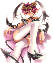 Rule 34 | 1girl, crossed legs, demon girl, detached collar, high heels, horns, katahira masashi, original, pointy ears, red eyes, red hair, shoes, sitting, solo, tail, thighhighs, white thighhighs, wings