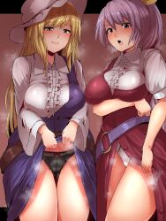 Rule 34 | 2girls, belt, black panties, blonde hair, blue dress, blush, breasts, brown background, closed mouth, commentary request, dress, highres, large breasts, long hair, looking at viewer, multiple girls, open mouth, panties, pink eyes, ponytail, purple hair, red dress, shirt, siblings, single strap, sisters, smile, starraisins, touhou, underwear, watatsuki no toyohime, watatsuki no yorihime, white headwear, white panties, white shirt, yellow eyes