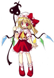 Rule 34 | 1girl, :d, ascot, blonde hair, fang, female focus, flandre scarlet, full body, hat, hat ribbon, laevatein, looking at viewer, mob cap, open mouth, red eyes, ribbon, satou kibi, shoes, short sleeves, simple background, skirt, skirt set, smile, solo, standing, touhou, white background, wings