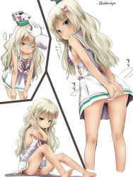 Rule 34 | 1girl, akino shuu, arms behind back, ass, bare legs, barefoot, blonde hair, bow, commentary request, dress, from behind, gloves, grecale (kancolle), green eyes, kantai collection, leaning forward, long sleeves, one eye closed, panties, pink bow, pink panties, sailor collar, sailor dress, side-tie dress, sitting, sleeveless, sleeveless dress, smug, standing, striped clothes, striped panties, thighs, translation request, twitter username, underwear, wavy hair, white dress, white gloves, white sailor collar