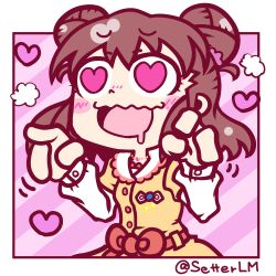 Rule 34 | 10s, 1girl, blush stickers, bow, brown hair, double bun, dress, drooling, eyebrows, groping motion, head steam, heart, heart-shaped pupils, idolmaster, idolmaster cinderella girls, jewelry, munakata atsumi, necklace, setter (seven stars), short hair, solo, symbol-shaped pupils, twitter username, wavy mouth