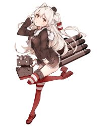 Rule 34 | 10s, 1girl, amatsukaze (kancolle), arm behind head, breasts, brown dress, brown eyes, dress, garter straps, hair tubes, highres, hona (pixiv7939518), kantai collection, leg up, long hair, looking at viewer, machinery, no panties, o o, red thighhighs, rensouhou-kun, sailor collar, sailor dress, short dress, silver hair, simple background, small breasts, striped clothes, striped thighhighs, tears, thighhighs, torpedo, two side up, white background