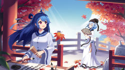 Rule 34 | 2girls, ahoge, autumn leaves, bili girl 22, bili girl 33, bilibili, blue hair, calligraphy brush, day, closed eyes, fence, folding fan, hand fan, highres, holding, holding brush, ink, light blue hair, long hair, looking at another, multiple girls, official art, outdoors, paintbrush, pink eyes, shadow, sharlorc, short hair, standing, sunlight, tree, wide sleeves, writing