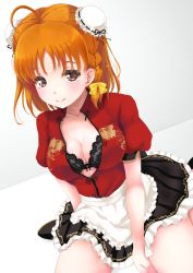 Rule 34 | 1girl, ahoge, apron, black footwear, breasts, brown eyes, brown hair, cleavage, collarbone, double bun, frapowa, frilled skirt, frills, lace, love live!, love live! school idol festival, love live! sunshine!!, medium breasts, open clothes, short braid, sitting, skirt, solo, takami chika, thighs, wariza, white background