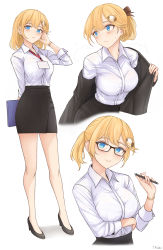 Rule 34 | 1girl, absurdres, alternate hairstyle, arm behind back, arm under breasts, arm up, black footwear, black jacket, black skirt, blonde hair, blue eyes, blush, breasts, collar, collared shirt, folder, full body, glasses, hair ornament, hand in own hair, high heels, highres, holding, holding folder, holding pen, hololive, hololive english, jacket, lanyard, large breasts, legs, long sleeves, looking at viewer, medium hair, monocle, multiple views, name tag, office lady, parted lips, pen, pencil skirt, ponytail, removing jacket, shirt, shirt tucked in, signature, simple background, skirt, tfqr, upper body, virtual youtuber, watch, watson amelia, white background, white collar, white shirt