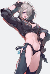 Rule 34 | 1girl, ahoge, angel (kof), arm up, black gloves, blue eyes, breasts, cleavage, crop top, fang, fingerless gloves, gloves, hair over one eye, hand on own hip, highres, jacket, large pectorals, midriff, navel, oro (sumakaita), pectorals, revealing clothes, salute, shadow, short hair, smile, solo, stomach, the king of fighters, thighs, white hair