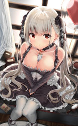 Rule 34 | 1girl, azur lane, bachibachi (tisen), balloon, bare shoulders, between breasts, between legs, black bow, black dress, book, bow, breasts, circle skirt, cleavage, closed mouth, collarbone, cup, curtains, detached collar, detached sleeves, dress, feet out of frame, formidable (azur lane), frilled dress, frills, from above, hair bow, hair brush, hand between legs, heart, highres, indoors, large breasts, long hair, long sleeves, looking at viewer, looking up, pantyhose, red eyes, silver hair, sitting, solo, tea, teacup, twintails, v arms, very long hair, white pantyhose, window, windowsill