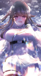 Rule 34 | 1girl, :d, azur lane, black gloves, black hair, black thighhighs, blush, breast pocket, breasts, buttons, cleavage, cloud, cloudy sky, coat, coat dress, collared dress, commentary request, cowboy shot, dark sky, diffraction spikes, dress, fang, from below, fur-trimmed coat, fur trim, gloves, gluteal fold, hand on own cheek, hand on own face, hat, heart, heart-shaped pupils, highres, large breasts, long hair, long sleeves, looking at viewer, one side up, open mouth, padded coat, pamiat merkuria (azur lane), pocket, poco., purple eyes, russian clothes, sidelocks, signature, skin fang, skindentation, sky, smile, snowing, solo, standing, symbol-shaped pupils, thigh gap, thighhighs, underbust, white coat, white hat, zettai ryouiki