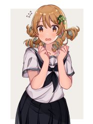 Rule 34 | 1girl, absurdres, black neckerchief, black skirt, blush, brown background, brown hair, clover hair ornament, collarbone, commentary request, drill hair, flying sweatdrops, four-leaf clover hair ornament, hair between eyes, hair ornament, hands up, highres, idolmaster, idolmaster cinderella girls, idolmaster cinderella girls starlight stage, long hair, looking at viewer, morikubo nono, neckerchief, norazura, open mouth, pleated skirt, red eyes, sailor collar, shirt, short sleeves, skirt, solo, two-tone background, white background, white sailor collar, white shirt