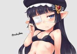 Rule 34 | 1girl, artist name, bare shoulders, black bra, black hair, blue eyes, blunt bangs, blush, bra, breasts, commentary request, embarrassed, frown, granblue fantasy, grey background, hair ornament, harvin, hat, jingai modoki, long hair, looking at viewer, lunalu (granblue fantasy), pointy ears, simple background, small breasts, solo, sweat, twitter username, underwear, upper body