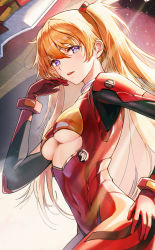 Rule 34 | 1girl, absurdres, blue eyes, blush, breasts, cleavage cutout, clothing cutout, covered navel, curvy, eva 02, evangelion: 3.0+1.0 thrice upon a time, floating hair, from side, full body, hand on own ass, hand up, highres, long hair, looking at viewer, lu (ssuel), mecha, medium breasts, neon genesis evangelion, orange hair, parted lips, plugsuit, rebuild of evangelion, robot, shiny clothes, smile, solo, souryuu asuka langley, thighs, twintails, underboob