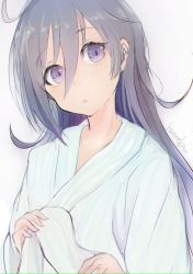 Rule 34 | 1girl, absurdres, ahoge, alternate costume, alternate hairstyle, bathrobe, commentary request, grey eyes, grey hair, hair between eyes, hair down, hatoneko, highres, kantai collection, kiyoshimo (kancolle), looking at viewer, one-hour drawing challenge, robe, simple background, solo, upper body, white background, white robe