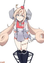 Rule 34 | 1girl, absurdres, arms behind back, ballet boots, bell, coat, collar, drum (kancolle), garrison cap, gloves, grey eyes, hair ornament, hair rings, hat, headgear, highres, kantai collection, long hair, metal collar, neck bell, red hat, robinson (day l full), simple background, skull print, smile, solo, star (symbol), star hair ornament, star ornament, very long hair, white background, white coat, white gloves
