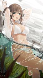 Rule 34 | 1girl, arms up, bikini, blue eyes, blush, breasts, brown hair, brown nails, cleavage, collared shirt, ear piercing, fish, hair between eyes, highres, large breasts, long sleeves, looking at viewer, nail polish, navel, noeru, off shoulder, open mouth, original, partially submerged, partially underwater shot, piercing, seaweed, shirt, solo, stomach, swimsuit, wet, wet clothes, wet shirt, white bikini, white shirt