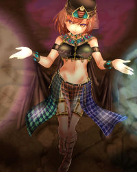 Rule 34 | 1girl, adapted costume, armlet, blush, bracelet, cape, dancer, egyptian, egyptian clothes, gladiator sandals, hat, head tilt, hecatia lapislazuli, highres, jewelry, looking at viewer, midriff, navel, outstretched arms, plaid, plaid skirt, red eyes, red hair, sandals, short hair, shounen (hogehoge), skirt, smile, solo, spread arms, touhou