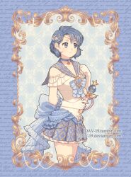 Rule 34 | 1girl, bishoujo senshi sailor moon, blue eyes, blue hair, blue skirt, closed mouth, dav-19, gloves, highres, holding, looking to the side, sailor mercury, short hair, skirt, smile, solo, star (symbol), victorian, wand, white gloves