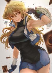 Rule 34 | 1girl, armpits, bare shoulders, blonde hair, blue gloves, blue skirt, breasts, card, closed mouth, duel disk, fingerless gloves, gloves, hand up, highres, holding, holding card, large breasts, light smile, long hair, looking at viewer, magion02, medium breasts, polymerization, skirt, solo, tenjouin asuka, turtleneck, yellow eyes, yu-gi-oh!, yu-gi-oh! arc-v