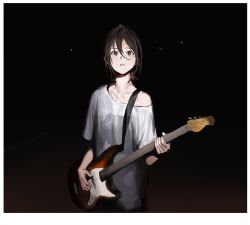 Rule 34 | 1girl, bad id, bad twitter id, brown eyes, brown hair, dark background, guitar, hair between eyes, holding, holding instrument, instrument, looking at viewer, off shoulder, parted lips, piguineapig, shirt, short hair, short sleeves, solo, standing, upper body, white shirt