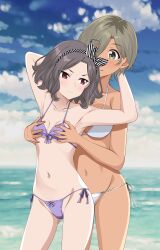 Rule 34 | 2girls, absurdres, bikini, blurry, blurry background, blush, breasts, brown eyes, cameltoe, closed mouth, commentary, ebizuka tomo, girls band cry, grey hair, groping, hair between eyes, hairband, highres, kiniro tofu, large breasts, medium breasts, mole, mole under eye, multicolored hair, multiple girls, navel, outdoors, purple bikini, red eyes, roots (hair), rupa (girls band cry), short hair, side-tie bikini bottom, small breasts, standing, striped clothes, striped hairband, swimsuit, variant set, white bikini, yuri