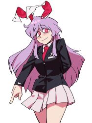 Rule 34 | 1girl, absurdres, animal ears, arm behind back, blazer, blush, closed mouth, commentary, eddybird55555, english commentary, highres, jacket, long hair, long sleeves, looking at viewer, necktie, pink skirt, pleated skirt, purple hair, rabbit ears, rabbit girl, red necktie, reisen udongein inaba, ringed eyes, simple background, skirt, smile, solo, touhou, white background
