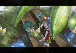 Rule 34 | 1girl, absurdres, azurill, bare shoulders, black shorts, bow, breloom, brown hair, creatures (company), fanny pack, flower, game freak, gen 3 pokemon, grass, hair bow, highres, hitsuji kusa, leaf, letterboxed, looking at viewer, looking up, may (pokemon), nintendo, open mouth, outdoors, pokemon, pokemon (creature), pokemon oras, rain, reflection, reflective water, shirt, shorts, shorts under shorts, sleeveless, sleeveless shirt, tropius, water drop, white shorts