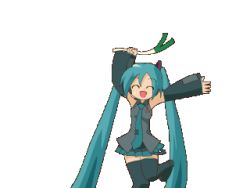 Rule 34 | animated, animated gif, aqua hair, arms up, dancing, detached sleeves, hatsune miku, long hair, lowres, necktie, qvga, simple background, skirt, smile, solo, spring onion, thighhighs, twintails, vocaloid, wunimo, zettai ryouiki