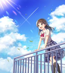 Rule 34 | 1girl, :d, black socks, blue sky, blush, bow, bowtie, breasts, brown eyes, brown hair, cloud, cloudy sky, collared shirt, commentary, day, dress shirt, english commentary, grey skirt, kneehighs, leaf, long hair, looking away, open mouth, original, outdoors, plaid, plaid skirt, pleated skirt, railing, red bow, red bowtie, school uniform, shirt, short sleeves, skirt, sky, small breasts, smile, socks, solo, sunlight, white shirt, wind, yatomi