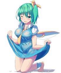 Rule 34 | 1girl, between breasts, blue dress, blush, breasts, clothes lift, daiyousei, dress, dress lift, fairy wings, green eyes, green hair, hair ribbon, highres, kneeling, kuromu (underporno), large breasts, matching hair/eyes, necktie, necktie between breasts, one eye closed, open mouth, puffy short sleeves, puffy sleeves, ribbon, shirt, short sleeves, side ponytail, solo, touhou, wavy mouth, wet, wet clothes, wet dress, wings