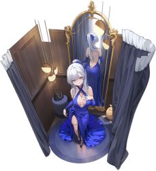 Rule 34 | 1girl, argus (azur lane), argus (cerulean enthrallment) (azur lane), ass, azur lane, backless dress, backless outfit, bag, bare back, bare shoulders, blue dress, blue eyes, blue hair, breasts, cleavage, closed eyes, curtains, detached sleeves, dress, full body, hand on own chest, high heels, highres, light blue hair, long dress, long hair, long sleeves, looking at viewer, manjuu (azur lane), medium breasts, mirror, nekojira, official alternate costume, official art, smile, solo