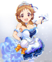Rule 34 | 10s, 1girl, arm garter, bare shoulders, blurry, blush, breasts, brown eyes, brown hair, choker, chromatic aberration, cleavage, depth of field, dress, frilled dress, frills, gloves, idolmaster, idolmaster cinderella girls, idolmaster cinderella girls starlight stage, jewelry, katagiri sanae, lace, lace-trimmed dress, lace trim, large breasts, long hair, looking at viewer, mizuki makoto, open mouth, pleated dress, pocket watch, ribbon, short twintails, smile, solo, tiara, twintails, watch, white dress, white gloves