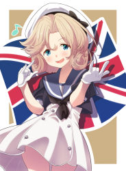 Rule 34 | 1girl, black neckwear, blonde hair, blue eyes, blue sailor collar, commentary request, cowboy shot, dress, gloves, hat, janus (kancolle), kantai collection, looking at viewer, open mouth, parted bangs, sailor collar, sailor dress, sailor hat, sanninme no haru, short hair, short sleeves, solo, standing, union jack, white dress, white gloves, white hat