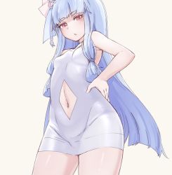 Rule 34 | 1girl, bare arms, bare shoulders, blue hair, blunt bangs, breasts, clothing cutout, cowboy shot, dress, hair ornament, hand on own hip, highres, kotonoha aoi, light blue hair, long hair, mochi (mochi444420), navel, navel cutout, open mouth, red eyes, short dress, simple background, small breasts, solo, straight hair, triangle mouth, very long hair, voiceroid, white background, white dress