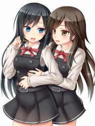Rule 34 | 2girls, alternate costume, arashio (kancolle), asashio (kancolle), belt, black hair, blouse, blue eyes, blush, breasts, brown eyes, brown hair, buttons, cosplay, dress, hanazome dotera, hand on another&#039;s shoulder, kantai collection, kasumi (kancolle), kasumi (kancolle) (cosplay), kasumi kai ni (kancolle), long hair, long sleeves, matching outfits, multiple girls, neck ribbon, open mouth, pinafore dress, pleated dress, pleated skirt, red ribbon, ribbon, school uniform, serafuku, shirt, simple background, skirt, sleeveless, sleeveless dress, small breasts, smile, suspenders, white background, white shirt