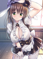 Rule 34 | alternate hairstyle, animal ears, apron, arm up, black skirt, breasts, brown hair, buttons, cleavage, closed mouth, commentary request, covered erect nipples, double-breasted, fleur de lapin uniform, gochuumon wa usagi desu ka?, green eyes, hand on own leg, highres, indoors, kurou (quadruple zero), large breasts, long hair, looking at viewer, maid, maid apron, rabbit ears, shirt, short sleeves, skirt, smile, standing, thighhighs, ujimatsu chiya, white shirt, white thighhighs, window, wooden floor, wrist cuffs