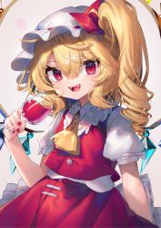 Rule 34 | 1girl, :d, ambiguous red liquid, ascot, blonde hair, commentary request, cowboy shot, crystal, cup, drinking glass, fangs, flandre scarlet, frilled shirt collar, frills, gunjou row, hat, highres, holding, holding cup, long hair, looking at viewer, mob cap, nail polish, one side up, open mouth, puffy short sleeves, puffy sleeves, red eyes, red nails, red skirt, red vest, shirt, short sleeves, skirt, smile, solo, teeth, touhou, upper teeth only, vest, white shirt, wings, yellow ascot