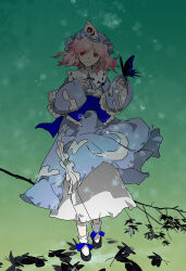 Rule 34 | 1girl, black ribbon, blue butterfly, blue hat, blue kimono, bug, butterfly, closed mouth, frills, hat, insect, japanese clothes, kimono, long sleeves, looking at viewer, mob cap, pink hair, red eyes, ribbon, saigyouji yuyuko, seeker, simple background, smile, snowflakes, solo, touhou, triangular headpiece