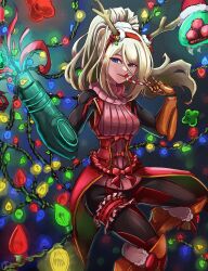Rule 34 | alternate color, alternate costume, antlers, arm cannon, blonde hair, blue eyes, candy, candy cane, christmas, christmas lights, food, gift, glowing, hat, highres, holding, holding candy, holding food, horns, legband, legs, metroid, metroid (creature), mole, mole under mouth, nintendo, pantyhose, ponytail, reindeer antlers, samus aran, santa costume, santa hat, skin tight, stoic seraphim, thighs, weapon, x parasite