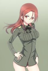 Rule 34 | 1girl, bad id, bad pixiv id, hand on own hip, long hair, military, military uniform, minna-dietlinde wilcke, nmaoh, no pants, panties, red eyes, red hair, ribbon, smile, solo, strike witches, underwear, uniform, world witches series