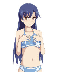 Rule 34 | 1girl, 72, armpits, artist request, bare shoulders, barefoot, bikini, blue bikini, blue hair, blush, breast conscious, brown eyes, closed mouth, collarbone, embarrassed, feet, female focus, fingernails, flat chest, flower bikini, hands on own breasts, hands on own chest, highres, idolmaster, idolmaster (classic), kisaragi chihaya, legs, legs together, long hair, looking to the side, midriff, namco, navel, neck, parted bangs, print bikini, shy, simple background, spaghetti strap, standing, swimsuit, thighs, toenails, toes, white background