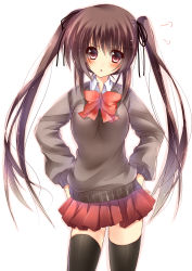 Rule 34 | 1girl, :o, amane ruri, black thighhighs, blush, bow, brown hair, hair ribbon, hands on own hips, highres, looking at viewer, md5 mismatch, original, red eyes, resolution mismatch, ribbon, school uniform, skirt, solo, source smaller, thighhighs, twintails, type (artist), white background