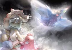 Rule 34 | 2others, animal ears, bad link, bird, cover, creature, feathered wings, flying, furry, highres, holding hands, hug, looking at another, lying, made in abyss, mitty (made in abyss), multiple others, nanachi (made in abyss), official art, on side, open mouth, rabbit ears, red eyes, short hair, tail, tsukushi akihito, whiskers, white hair, wings, yellow eyes