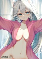 Rule 34 | 1girl, animal ear fluff, animal ears, aties20, blue eyes, blush, breasts, cat ears, curtains, grey hair, jacket, large breasts, long hair, looking at viewer, navel, open clothes, open jacket, pink jacket, smile, solo, vei (vtuber), vei (vtuber) (1st costume), virtual youtuber, vshojo, white curtains