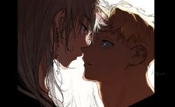 Rule 34 | 1boy, 1girl, adam&#039;s apple, blonde hair, blue eyes, collarbone, cross, cross earrings, dorohedoro, earrings, eye contact, eyelashes, face-to-face, from side, grey hair, hetero, imminent kiss, inverted cross, jewelry, long hair, long sleeves, looking at another, multiple earrings, noi (dorohedoro), odagorom, pillarboxed, portrait, profile, red eyes, shin (dorohedoro), short hair, white background