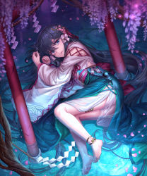 Rule 34 | 1girl, absurdly long hair, absurdres, anklet, bad id, bad pixiv id, barefoot, black hair, flower, green eyes, hair ornament, hair tubes, hands up, highres, in water, japanese clothes, jewelry, kimono, legband, legs together, long hair, long sleeves, looking at viewer, lying, obi, on side, original, parted lips, sash, shichigatsu, solo, torii, very long hair, wide sleeves
