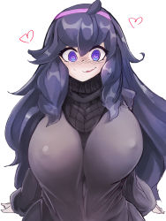 Rule 34 | 1girl, @ @, absurdres, alternate breast size, blush, breasts, creatures (company), game freak, hairband, heart, hex maniac (pokemon), highres, huge breasts, messy hair, my700, nintendo, pokemon, pokemon xy, purple hairband, ribbed sweater, simple background, solo, sweater, wavy mouth, white background