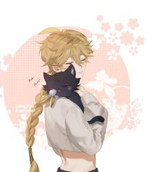 Rule 34 | 2boys, aether (genshin impact), ahoge, alternate costume, animal, animal ear fluff, animal ears, animal nose, animalization, artist name, black fur, blonde hair, blush, border, braid, cat, cat ears, cat tail, closed eyes, closed mouth, eyeshadow, floral background, flower, genshin impact, gold trim, grey shirt, hair between eyes, hair ornament, hand up, highres, hug, long hair, long sleeves, makeup, male focus, multiple boys, open mouth, outside border, pink background, pom pom (clothes), puffy long sleeves, puffy sleeves, red eyeshadow, satow tewu, scaramouche (cat) (genshin impact), scaramouche (genshin impact), shirt, smile, sparkle, tail, white border