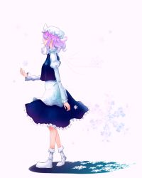 Rule 34 | 1girl, absurdres, blue eyes, full body, hat, highres, hikiniku, juliet sleeves, letty whiterock, long sleeves, mob cap, open mouth, outstretched hand, profile, puffy sleeves, purple hair, scarf, shadow, shoes, short hair, skirt, snowflake print, snowflakes, solo, touhou, turtleneck, vest