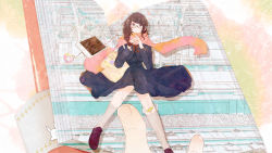Rule 34 | 1girl, bad anatomy, bad leg, bag, bandaid, blush, book, brown hair, digital media player, glasses, headphones, heart, charm (object), loafers, long hair, muted color, neck ribbon, original, own hands clasped, own hands together, pages, partially colored, pen (penchop), pov, pov hands, railroad tracks, ribbon, scarf, school uniform, shoes, shoulder bag, solo focus, train station