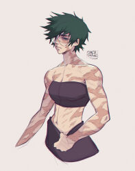 Rule 34 | 1girl, burn scar, glasses, green hair, highres, jujutsu kaisen, multiple scars, round eyewear, sanjadraws, scar, scar on arm, scar on face, scars all over, short hair, simple background, solo, toned, too many, scars all over, zen&#039;in maki